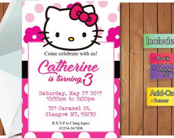 Hello Kitty INVITATION with FREEEE Thank you card! Hello Kitty Party Invitation, Birthday Banner
