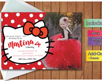 Hello Kitty INVITATION with FREEEE Thank you card! Hello Kitty Party Invitation, Birthday Banner