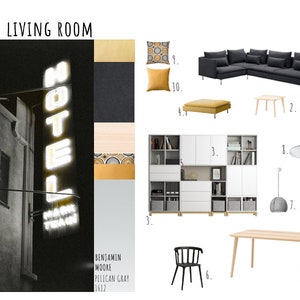SALA DE ESTAR: plano de planta, panel de inspiración, lista de muebles de IKEA.