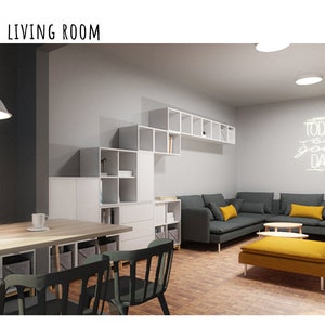 SALA DE VIVIENDA: plano de planta, tablero de humor, lista de muebles IKEA, visualización 3d.