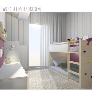 DORMITORIO DE LOS NIÑOS: plano de planta, panel de inspiración, lista de muebles de IKEA, visualización en 3D.
