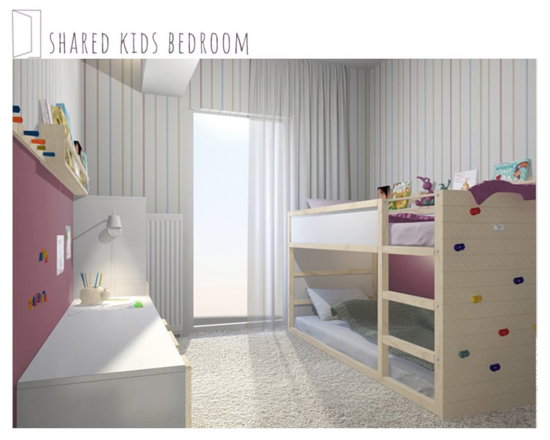 KIDS BEDROOM Floor Plan, Mood Board, IKEA Furniture List,3d