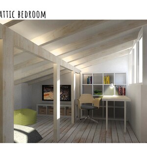 HABITACIÓN DEL ÁTICO: plano de planta, panel de inspiración, lista de muebles de IKEA, visualización en 3D.