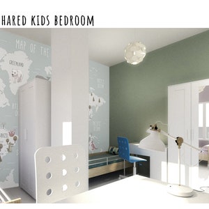 DORMITORIO DE LOS NIÑOS: plano de planta, panel de estado de ánimo, lista de muebles de IKEA, visualización en 3D.