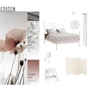 DORMITORIO: plano de planta, panel de inspiración, lista de muebles de IKEA.