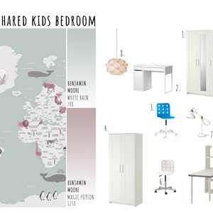DORMITORIO DE LOS NIÑOS: plano de planta, panel de inspiración, lista de muebles ΙΚΕΑ.