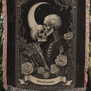 Personalized Tarot The Lovers Woven Blanket, Gothic Blanket, Skeleton Couple Throw, Custom Anniversary Gift, Gothic Decor Halloween Tapestry