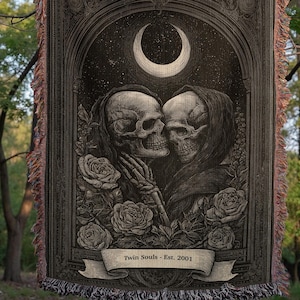 Personalized Tarot Woven Blanket The Lovers, Gothic Blanket, Skeleton Couple Throw, Custom Anniversary Gift, Gothic Decor Halloween Tapestry