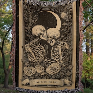 Personalized Tarot Lovers Woven Blanket: Gothic Skeleton Couple Throw