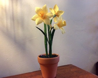 Handmade Crepe Paper Daffodils in Terracotta Pot: Table Decoration