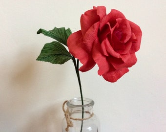 Realistic single stem crepe paper red rose, First Anniversary, Teacher gift, Beauty & the Beast theme, Wedding decoration, memorial flower