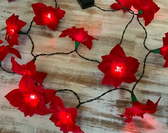 Crepe Paper Poinsettia Fairy Lights. 2m led red lights with 20 handmade Poinsettia flowers. Christmas Decorations for Tree, Shelf, Table