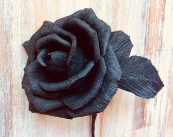Black crepe paper rose, black leaves. Valentine’s gift, Halloween lovers, Goth Wedding