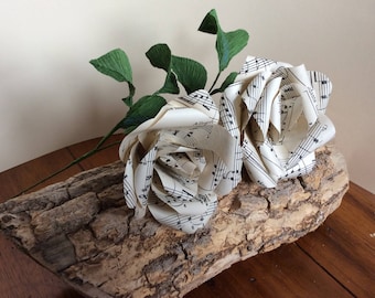Two handmade Vintage sheet music paper Roses with crepe paper leaves - Wedding Decoration Flowers- Lasting Gift