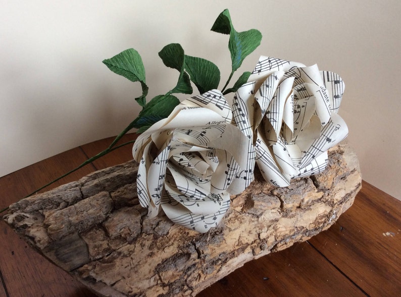 Two handmade Vintage sheet music paper Roses with crepe paper le Two handmade Vintage sheet music paper Roses with crepe paper le