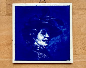 Retrato de Rembrandt en azulejos azules de Delft