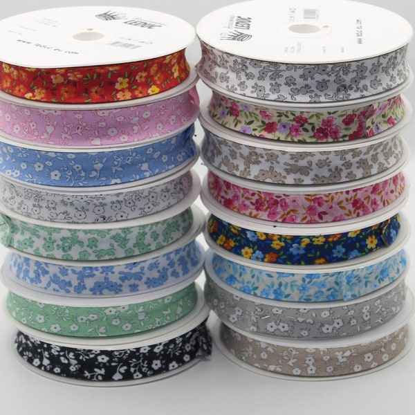 20m Flower pattern different colors Bias folded cotton width 20mm (20/8/8mm) Italian quality