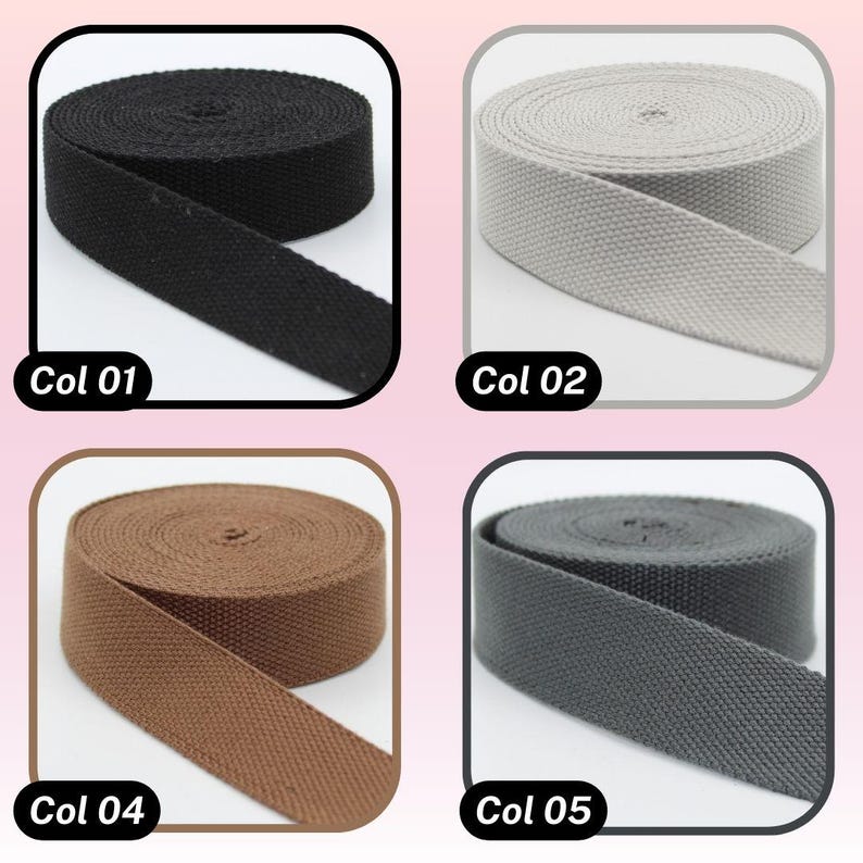May include: Four spools of woven webbing in various colors: black (Col 01), gray (Col 02), brown (Col 04), and dark gray (Col 05). Each spool is neatly rolled, with a portion of the webbing unrolled to show the texture. The text "Col" followed by a number is visible.