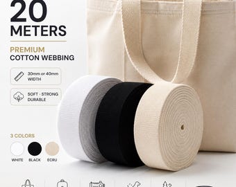 20m Cotton Webbing Strap 30mm 40mm | Black White Ecru Bag Strap Canvas Tape Sewing DIY