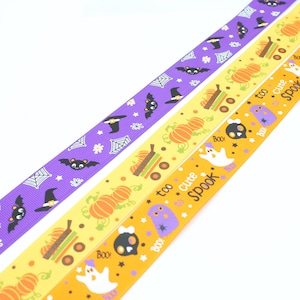 3 x 10 mètres de ruban Halloween 25mm Décoration Emballage Cadeau Citrouille Fantôme Chauve-souris Peur Orange Mauve Jaune Gros grain 25mm