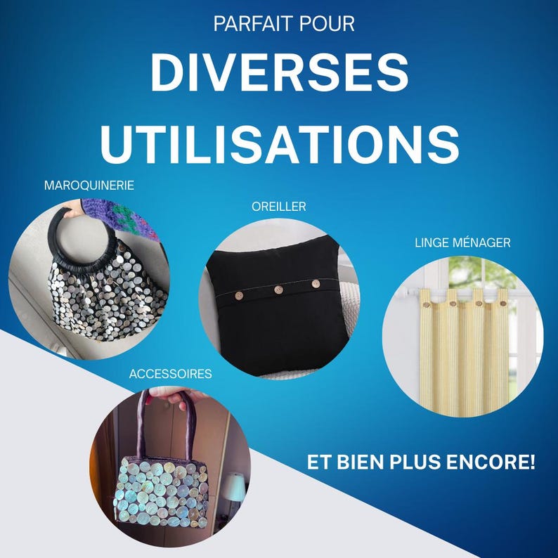 Puede incluir: Imagen con fondo degradado azul y texto blanco: &laquo;&nbsp;PARFAIT POUR DIVERSES UTILISATIONS&nbsp;&raquo;. Muestra un bolso negro, un coj&iacute;n negro con botones y cortinas amarillas, sugiriendo diversos usos.