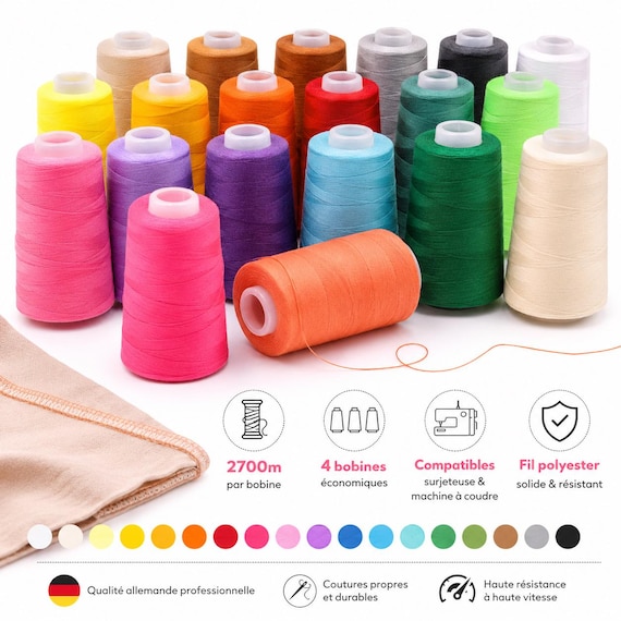 4 Bobines Fil Surjeteuse Overlock 2700m x4 – Fil Polyester Haute Qualité – Cône Machine à Coudre – Couture Professionnelle  Nombreux Coloris