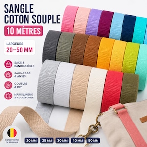 Könnte beinhalten: Farbige Baumwollgurtbänder in verschiedenen Breiten und Farben. Das Bild zeigt Rollen aus rosa, lila, blauem, grünem, gelbem und rotem Gurtband. Der Text auf dem Bild lautet "Sangle Coton Souple 10 Mètres" und "Largeurs 20-50 MM".