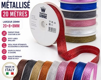 20m メタリックラメバイアステープ 20mm | 縫製やDIY用のスパンコールリボン | 衣類、アクセサリー、創作物用の光沢のあるバイアステープ