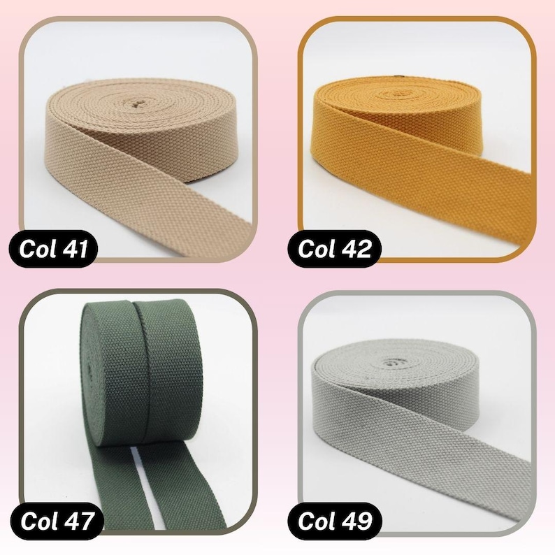 May include: Four spools of canvas webbing in various colors: tan (Col 41), mustard yellow (Col 42), olive green (Col 47), and gray (Col 49). Each spool is labeled with its color code in a black box.