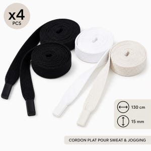 Puede incluir: Cuatro pares de cordones planos en negro, blanco y blanco roto. Cada cordón mide 130 cm de largo y 15 mm de ancho. La imagen incluye el texto "x4 PCS" y "CORDON PLAT POUR SWEAT & JOGGING".