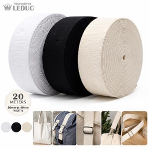 May include: Spools of white, black, and beige webbing. The image shows the webbing in rolls, with a label indicating 20 meters of material and a width of 30mm or 40mm. Additional images show the webbing used for bag straps.