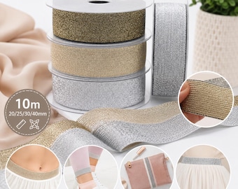 Gold- oder silberfarbenes Lurex-Gummiband, 20–40 mm breit, Pailletten-Gummiband, Nähgummiband, Metallic-Borte, Kreative Kurzwaren, 10 m