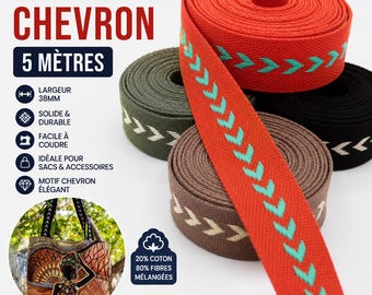 5m Chevron Cotton Webbing 38mm | Bag Strap for Purse, Backpack & DIY Sewing | Chevron Webbing Strap