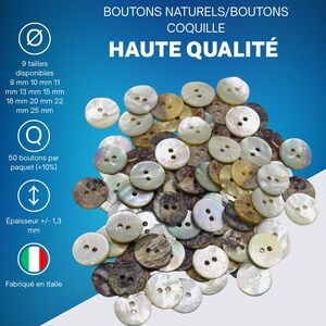 Puede incluir: Un conjunto de botones de concha natural de varios tama&ntilde;os, de 9 mm a 25 mm de di&aacute;metro. Los botones redondos con dos agujeros tienen un brillo nacarado. El texto "HAUTE QUALIT&Eacute;" es visible.