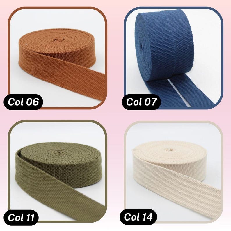 May include: Four spools of canvas webbing in various colors: brown (Col 06), navy blue (Col 07), olive green (Col 11), and off-white (Col 14). Each spool is labeled with its color code. The webbing is tightly rolled and ready for use.