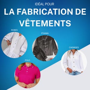 Puede incluir: Imagen que promociona la fabricaci&oacute;n de ropa. Presenta un vestido blanco, un pijama negro, un polo rosa y una camisa blanca abotonada. El texto dice "LA FABRICATION DE V&Ecirc;TEMENTS" e "ID&Eacute;AL POUR".