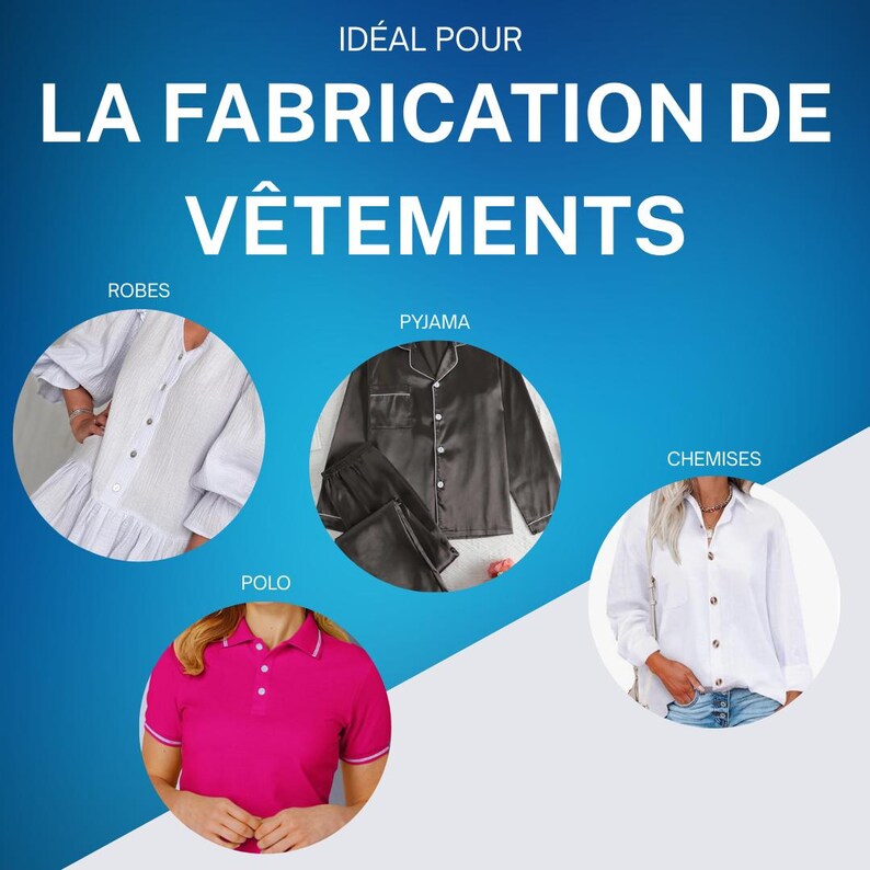 Puede incluir: Imagen que promociona la fabricaci&oacute;n de ropa. Presenta un vestido blanco, un pijama negro, un polo rosa y una camisa blanca abotonada. El texto dice "LA FABRICATION DE V&Ecirc;TEMENTS" e "ID&Eacute;AL POUR".