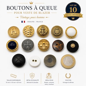 Puede incluir: Una colección de diez botones de blazer vintage en dorado, negro y blanco. Los botones presentan diversos diseños y texturas, con tamaños de 15 mm a 20 mm. El texto de la imagen dice "BOUTONS À QUEUE POUR VESTE DE BLAZER".