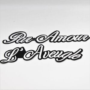 Distintivo preto e branco "PAR AMOUR" e "L'AVEUGLE", letras, mensagem, personalizado, patch de namorados, decoração, aniversário, casamento, Dia dos Namorados