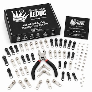 Könnte beinhalten: Ein schwarzes Box-Kit mit der Aufschrift "Accessoires Leduc" mit "Kit Réparation Fermeture Éclair" und "85 pièces". Das Kit enthält silberne und schwarze Reißverschlusszipper, eine Zange und kleine Metallteile. Eine kleine Karte mit dem gleichen Logo ist ebenfalls vorhanden.