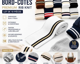 Lot de 10 Bord-Côtes 6x110cm | Bord Côte Lurex / Rayures | Poignets, Taille, Cols Couture & DIY