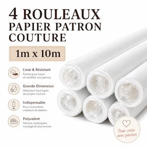 Könnte beinhalten: Vier Rollen weißes Schnittmusterpapier für Nähprojekte. Der Text auf dem Bild lautet "4 Rollen Schnittmusterpapier Couture" und "1m x 10m". Das Papier ist glatt und widerstandsfähig, ideal zum Zeichnen und Ändern von Schnittmustern. Ideal für alle Arten von Nähprojekten.