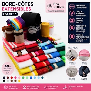 Puede incluir: Un conjunto de cintas elásticas de canalé en varios colores, incluyendo negro, marrón y rayas arcoíris. Cada rollo mide 6 cm de ancho y 110 cm de largo. La imagen también muestra el texto "Bord-Côtes Extensibles" y "Lot de 10".