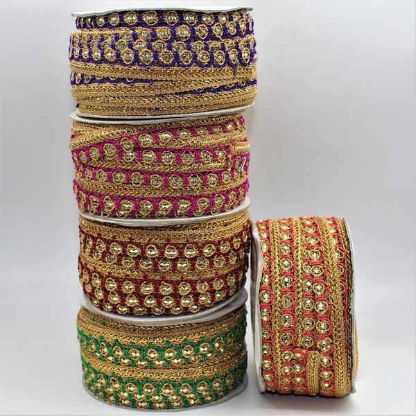 5 mètres ruban fantaisie doré avec strass, différentes couleurs, indien, garniture pour la décoration, de robes, pour l'artisanat,la couture