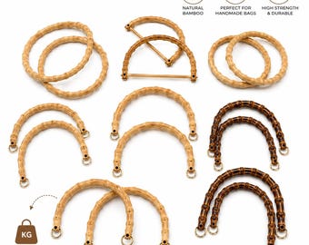 May include: A collection of bamboo bag handles in various styles and colors. The handles include round, half-circle, and arched designs, with gold-colored metal rings for attachment. Some handles are light brown, while others are a darker brown.