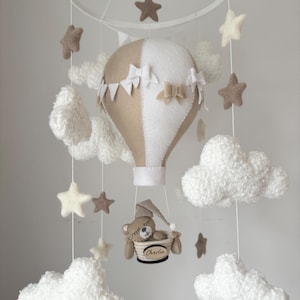 Hot Air Balloon Baby Mobile, Teddy Nursery, Teddy Bear Crib Mobile, Baby Shower Gift, Personalised, Beige Neutral Baby Room