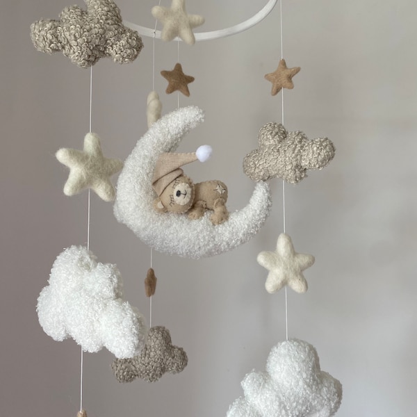 Boucle Teddy Baby Mobile in Beige/ neutral nursery/baby shower gift/nursery mobile