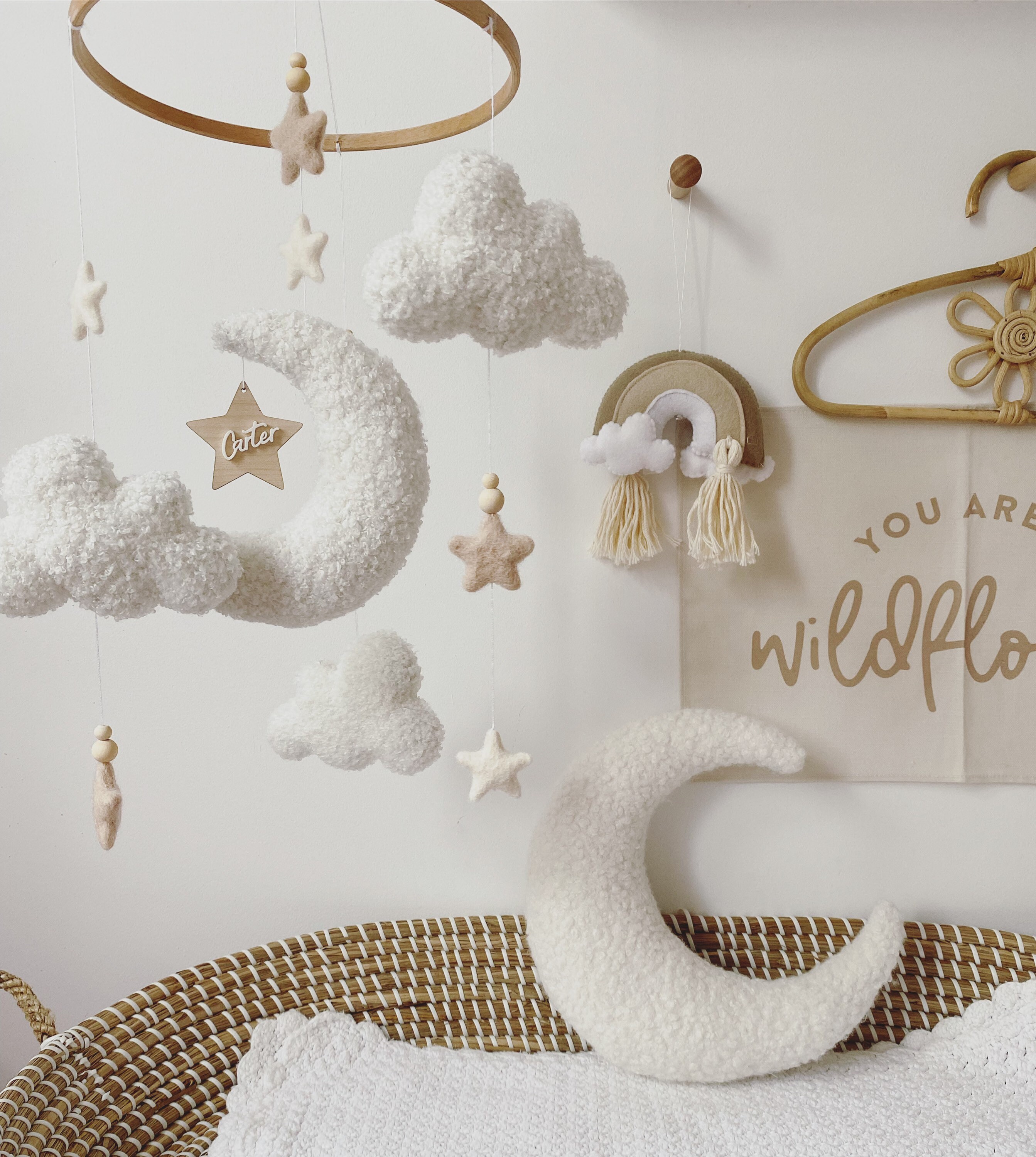 Mobile Bébé Nuage En Velours - Suspension Réglable 42x23 Cm Pour Berceau Et Poussette