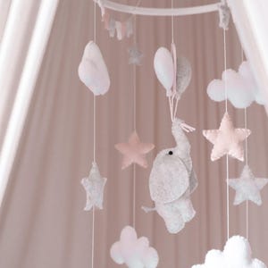 Elephant Baby Mobile, Personalised Pink Baby Shower Gift, Nursery Mobile. Cot Mobile. Clouds and Stars