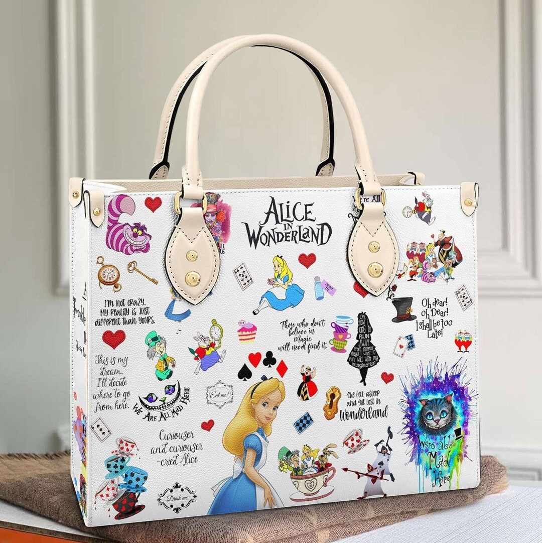Alice in Wonderland Leather Handbag, Cute Alice With Friends Women Handbag, Personalized Leather